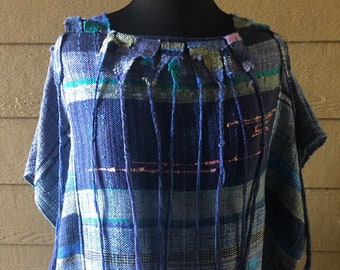 Handwoven Improvisational Freestyle Top with Fringe Details - "Savannah Blues"
