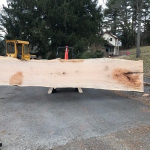 May include: A large, light brown wood slab being lifted by a forklift. The slab is very wide and has a natural wood grain pattern.