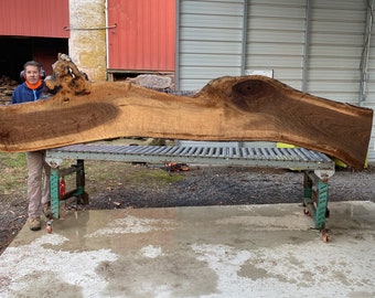 May include: A large, live edge slab of wood with a natural, brown finish. The slab is resting on a metal rolling cart. A person is standing next to the slab, wearing a blue jacket and khaki pants.