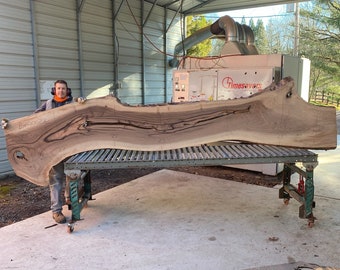 May include: A large slab of wood with beautiful grain patterns, resting on a metal rolling cart. The wood is approximately 9 feet long and 2 feet wide. The wood is light brown with dark brown streaks. The wood is in a workshop setting with a person standing next to it.