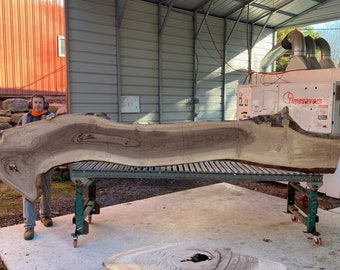 May include: A large slab of wood with a natural edge, resting on a metal rolling table. The wood has a beautiful grain pattern and is marked with numbers. A person is standing next to the slab, and a smaller piece of wood is on the ground in the foreground.