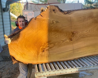 May include: A large, light brown wood slab with a natural edge and grain pattern. The slab is resting on a metal roller conveyor system in a workshop setting.