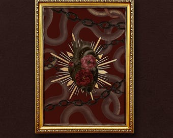 May include: Framed artwork featuring a stylized heart adorned with red flowers and surrounded by a burst of golden rays. Dark snakes and chains encircle the heart against a deep red background. The frame is gold.