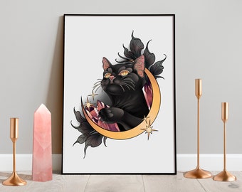 Black Moon Cat Luster Print | Wall Art, Gift, Home Decor, Yellow, Luna, Gothic, Goth, Crystals, Witchy, Leaves, Tattoo, Neo Traditional