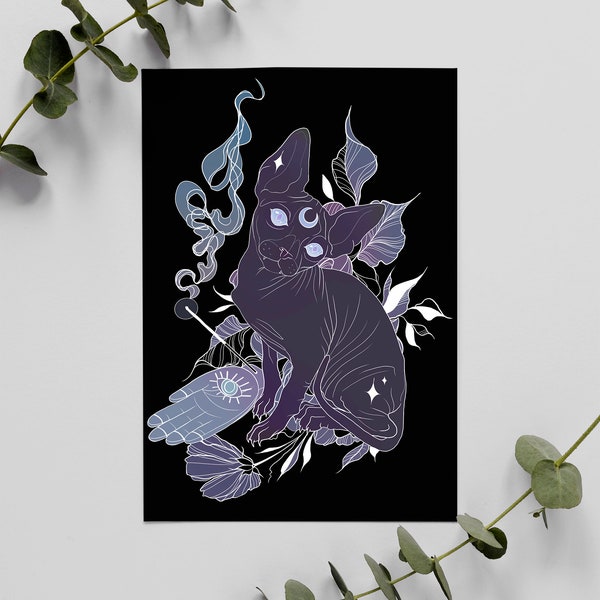 Black Sphynx Incense Cat Luster Print | Wall Art, Gift, High Quality, Home Decor, Witchy, Landscape, Original Art, Collectible, Postcard