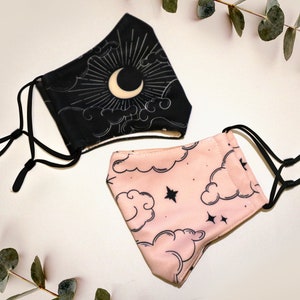 Super Soft Face Mask | 1pc | Moon + Clouds Double Layered | Black or Pink | Adult Size | Black Adjustable Ear Loops