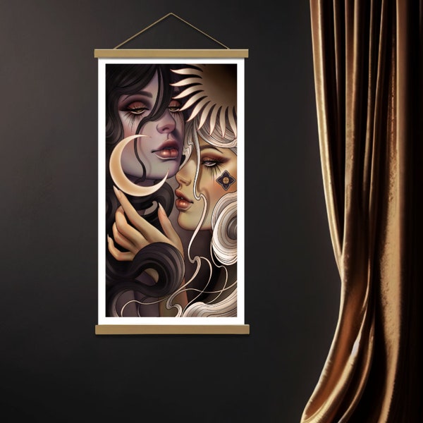 Nott & Sol Neo Traditional Goddess Luster Print 16.5 x 9 inch with gold clips | Wall Art, Gift, Home Decor, Magical, Witch, Gothic, Tattoo