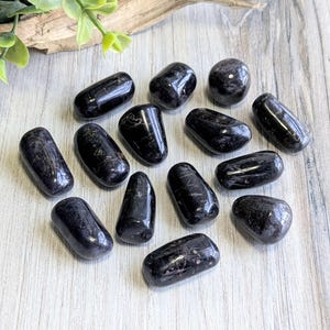 May include: A collection of polished black stones, varying in shape and size, are scattered across a light-colored wooden surface. The stones have a glossy finish, reflecting light. Some are oval, others more rounded or irregular.