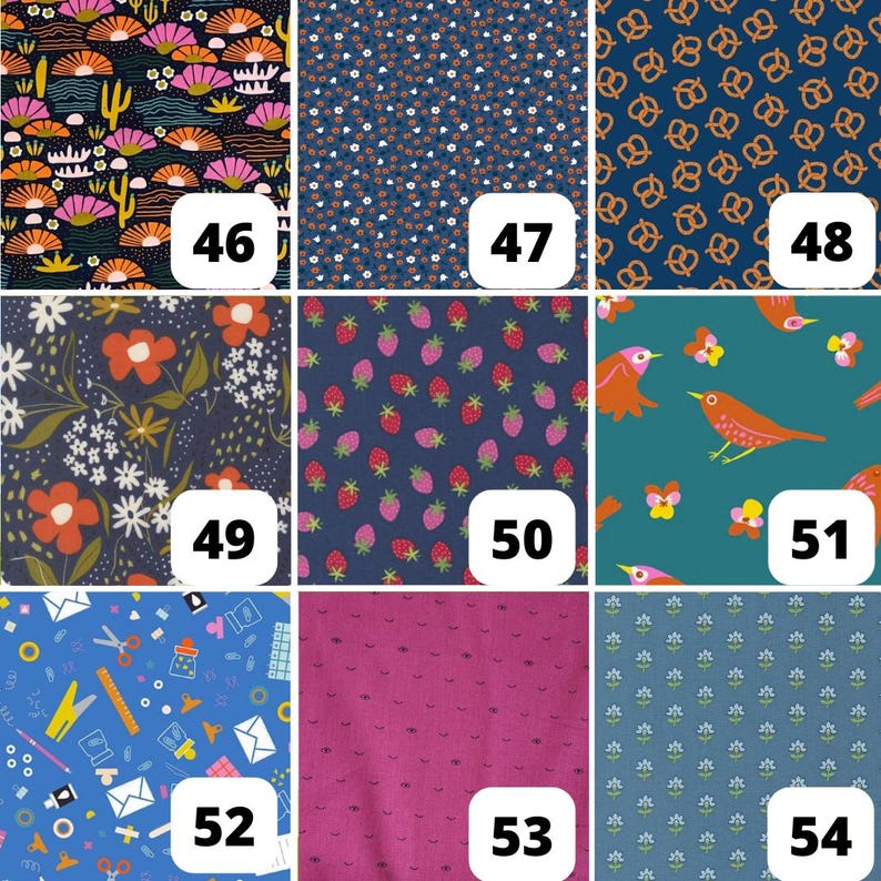 May include: Nine fabric swatches with various patterns. Designs include desert landscapes, small flowers, pretzels, floral arrangements, strawberries, birds, school supplies, and small eye-like shapes. Each swatch is labeled with a number from 46 to 54.