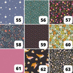 May include: A collection of fabric swatches featuring various floral and patterned designs. The swatches include a blue background with white daisies, a dark green background with small white flowers, and a black background with colorful flowers. Each swatch is labeled with a number.