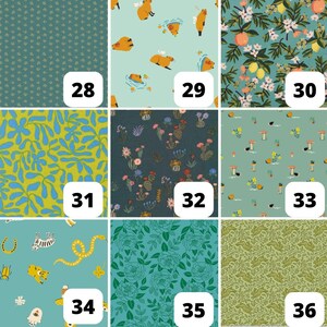 May include: A collection of fabric swatches with various patterns. Designs include small yellow flowers on teal, capybaras in water, lemons and flowers, blue and yellow floral, cacti, mushrooms, and animal prints. Each swatch is labeled with a number.