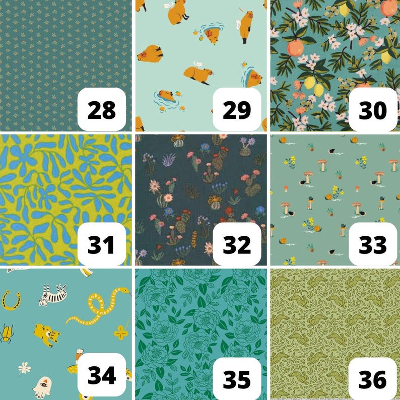 May include: A collection of fabric swatches with various patterns. Designs include small yellow flowers on teal, capybaras in water, lemons and flowers, blue and yellow floral, cacti, mushrooms, and animal prints. Each swatch is labeled with a number.