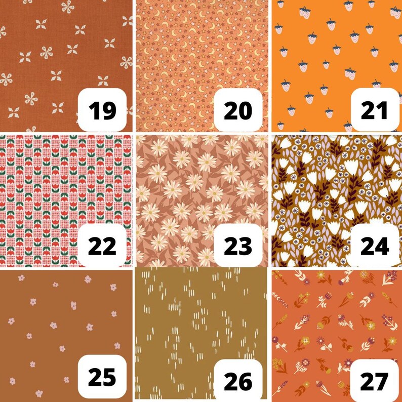 May include: A collection of fabric swatches with various patterns. Designs include floral, geometric, and celestial motifs in shades of orange, brown, and white. Each swatch is labeled with a number from 19 to 27.