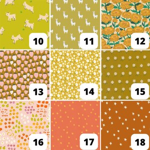 May include: A collection of fabric swatches with various patterns. Designs include llamas on green, floral patterns, strawberries, and stars. Each swatch is numbered for easy selection, offering a variety of textile options.