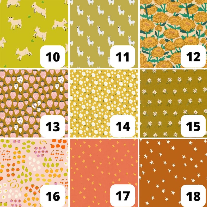 May include: A collection of fabric swatches with various patterns. Designs include llamas on green, floral patterns, strawberries, and stars. Each swatch is numbered for easy selection, offering a variety of textile options.