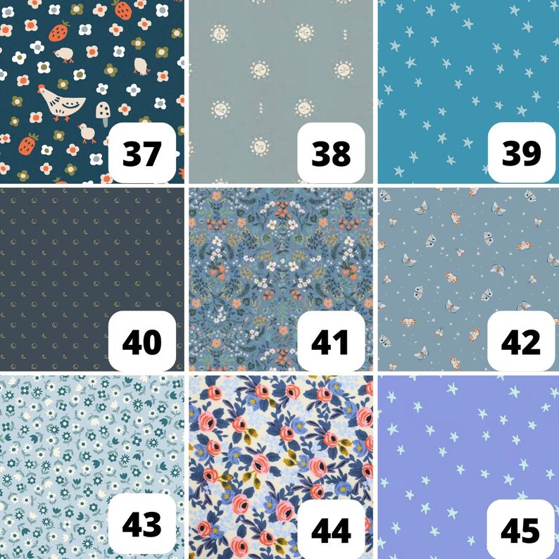May include: A collection of fabric swatches with various patterns. Designs include floral, star, and dot patterns in shades of blue, teal, and white. Some swatches feature illustrations of strawberries, chickens, and butterflies.