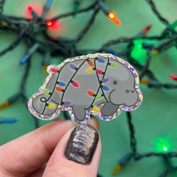 Festive manatee glitter sticker | Waterproof vinyl sticker | Glitter sticker | Manatee sticker