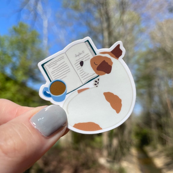 Cozy puppy sticker | Waterproof vinyl sticker | Cute dog sticker | Book sticker | Reading sticker | Books and coffee