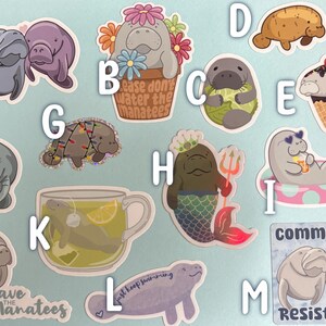 May include: A collection of colorful stickers featuring manatees in various poses. Designs include manatees with flowers, in a teacup, as a mermaid, and with the text "Save the Manatees" and "Community is Resistance".