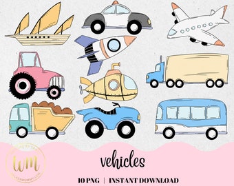 Transportation Vehicle Clipart Bundle | Cars Truck Airplane Helicopter Doodle | Hand drawn PNG Elements | Instant Digital Download