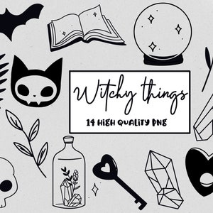 Witchy Things Clipart Lineart | Black and White Color | Cute Celestial Halloween Spooky Hand drawn Printable Art