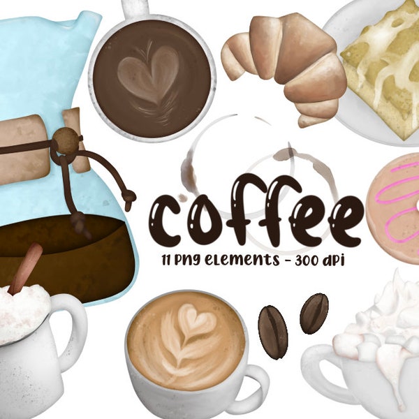Coffee Watercolor Clipart Bundle |Coffee Stain Carafe Croissant Cake Doodle | Hand drawn PNG Elements | Instant Digital Download