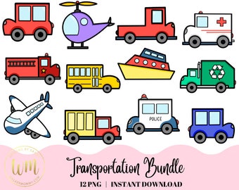 Transportation Clipart Bundle | Cars Truck Airplane Helicopter Doodle | Hand drawn PNG Elements | Instant Digital Download