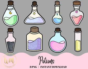 Pociones Clipart / Mystical Magic Halloween Spooky Doodles, Elementos PNG dibujados a mano, lindo dibujo de botellas de pociones, cerveza de brujas