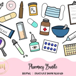 Pharmacy Clipart Bundle | Medical Doodle | Hand drawn PNG Elements | Instant Digital Download