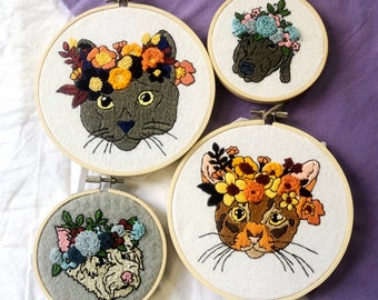 Custom floral pet portrait embroidery | Pet Memorial Keepsake | Handstitched pet portrait | Hoop embroidery with pet | pets in flower crowns