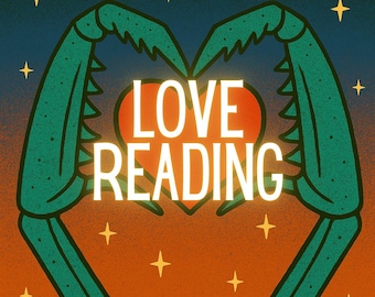 Puede incluir: Ilustración con un diseño en forma de corazón y las palabras "LOVE READING" en blanco. El corazón es naranja, y el fondo es un degradado de azul y naranja. Formas verdes en forma de garra forman el corazón, con estrellas amarillas.