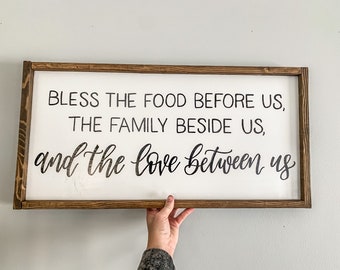 Prayer Sign - Bless the Food Before Us, Family Beside Us and Love Between Us Sign- Farmhouse Wood Handwritten Sign- Dinner Blessing Sign
