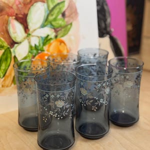 Vintage Blue Floral Libbey Drinking Glasses, Set of 6