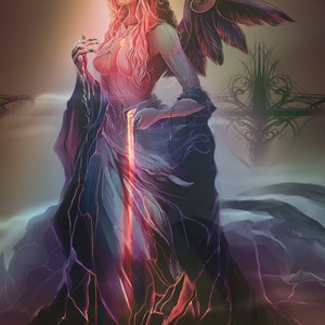 May include: A woman with long pink hair and a black feathered wing stands in a misty landscape. She wears a flowing dark blue gown and holds a glowing red sword.
