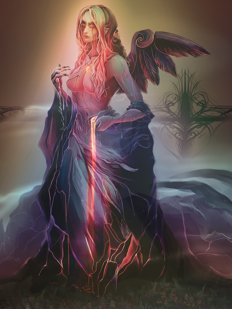 May include: A woman with long pink hair and a black feathered wing stands in a misty landscape. She wears a flowing dark blue gown and holds a glowing red sword.