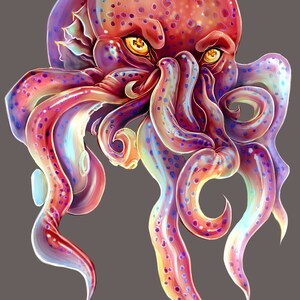 May include: A vibrant, multi-colored octopus with a menacing expression. The octopus has a red head with yellow eyes and purple tentacles with iridescent blue spots.
