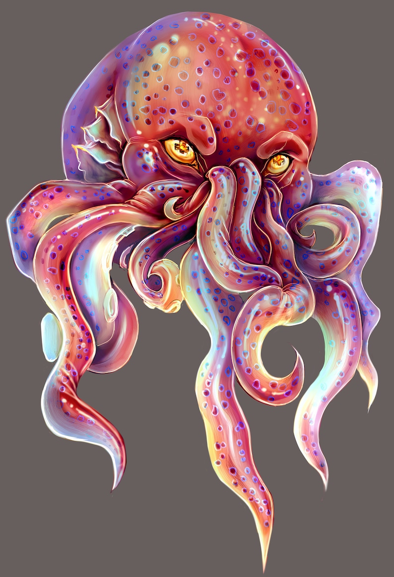 May include: A vibrant, multi-colored octopus with a menacing expression. The octopus has a red head with yellow eyes and purple tentacles with iridescent blue spots.