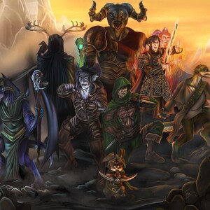 May include: A group of fantasy characters standing on a rocky terrain. The characters are a blue-skinned humanoid with horns, a dark-skinned elf, a human with a green cloak, a minotaur, a human with a red cloak, a human with a green cloak, a fox-like creature, and a small creature with a green cloak.