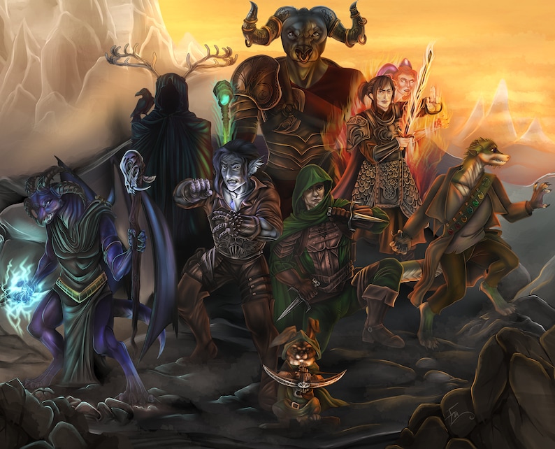 May include: A group of fantasy characters standing on a rocky terrain. The characters are a blue-skinned humanoid with horns, a dark-skinned elf, a human with a green cloak, a minotaur, a human with a red cloak, a human with a green cloak, a fox-like creature, and a small creature with a green cloak.