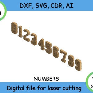 Puede incluir: Un archivo digital para cortar con láser los números del 0 al 9. Los números son marrones y tienen un efecto 3D. El archivo está disponible en los formatos DXF, SVG, CDR y AI.
