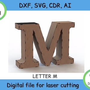 Letra 3D, M, proyecto para corte láser - archivos cnc (DXF / SVG / Ai /CDR) Vector - Descarga instantánea digital
