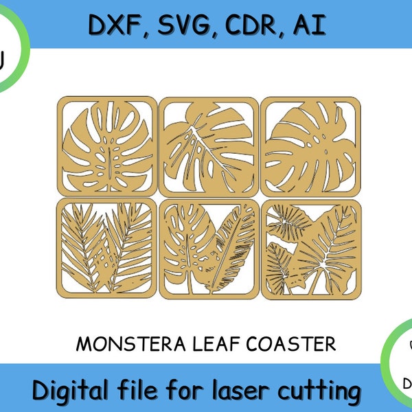 Monstera Leaf Coaster Laser cut files SVG, DXF, CDR, vector plans, laser file, cnc pattern, cnc cut, laser cut, cnc route, instant download