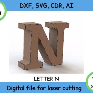 Letra 3D, N, projeto para corte a laser - arquivos cnc (DXF / SVG / Ai /CDR) Vetor - Digital Instant Download