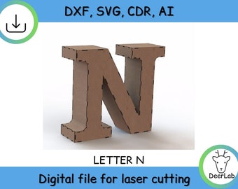 May include: A digital file for laser cutting a 3D cardboard letter N. The letter is brown and has a dashed line pattern. The file is available in DXF, SVG, CDR, and AI formats.