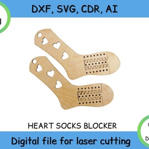 May include: Two wooden sock blockers shaped like socks with hearts cut out. The blockers are designed for laser cutting.