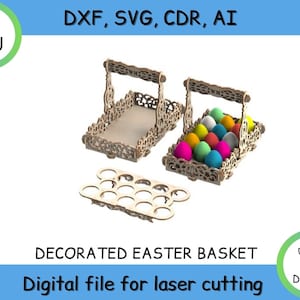 Wooden Decorative Easter Basket, Easter Eggs Stand ,Vector file for laser cutting CNC. Wooden basket, wood, laser model cnc, Svg Cdr Dxf Ai
