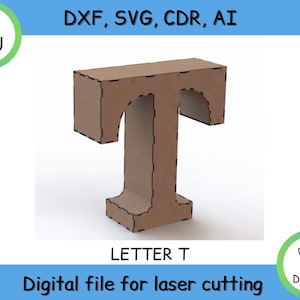 Letra 3D, T, proyecto para corte láser - archivos cnc (DXF / SVG / Ai /CDR) Vector - Descarga instantánea digital