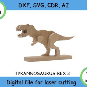 May include: A digital file for laser cutting a Tyrannosaurus Rex 3D model. The model is made of wood and is ready to be assembled. The file is available in DXF, SVG, CDR, and AI formats.