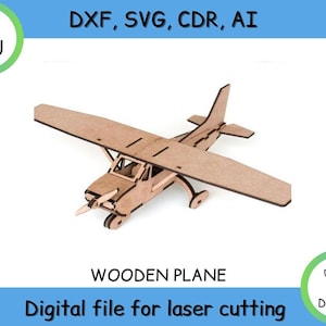 Puede incluir: Un kit de modelo de avión de madera para corte por láser. El kit incluye todas las piezas necesarias para construir un avión, incluidas las alas, el fuselaje, la cola y la hélice. El avión está hecho de madera y está diseñado para ser ensamblado con pegamento. El kit es perfecto para cualquiera que disfrute de la carpintería o la construcción de modelos.