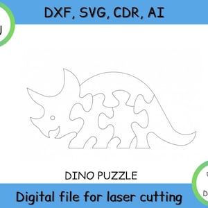 Pode incluir: Uma ilustração em preto e branco de um quebra-cabeça de dinossauro. O dinossauro é um tricerátopo com uma grande gola e três chifres. O quebra-cabeça é composto por muitas peças que se encaixam. A imagem inclui o texto "DINO PUZZLE" e "Arquivo digital para corte a laser".